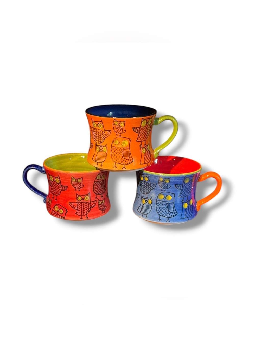 Pier 1 Imports Colorful Owl Coffee Mugs Set Of 3 Vintage Retro